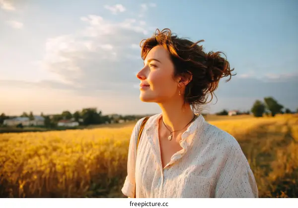 Woman in a Wheat Field at Sunset