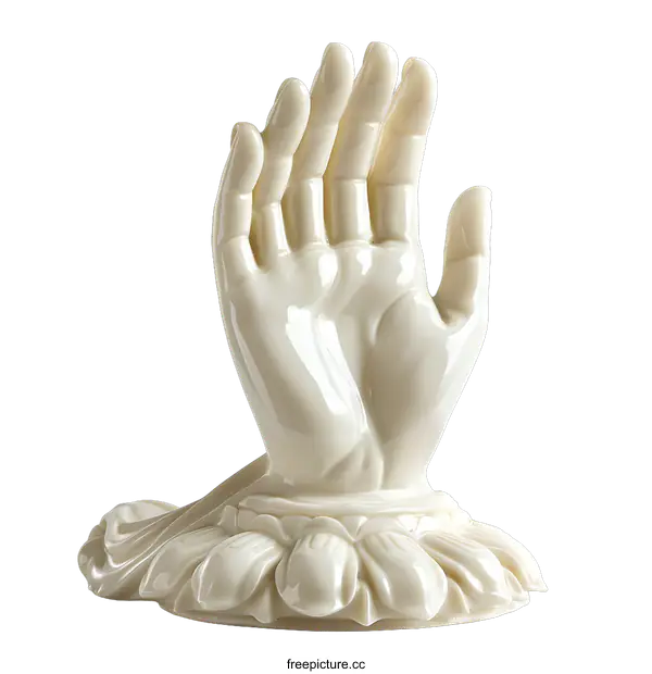 [Transparent Background PNG]A white ceramic hand sculpture with a lotus flower base.