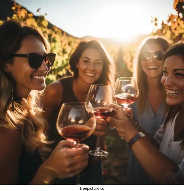 Four women in a vineyard at sunset, drinking wine and laughing