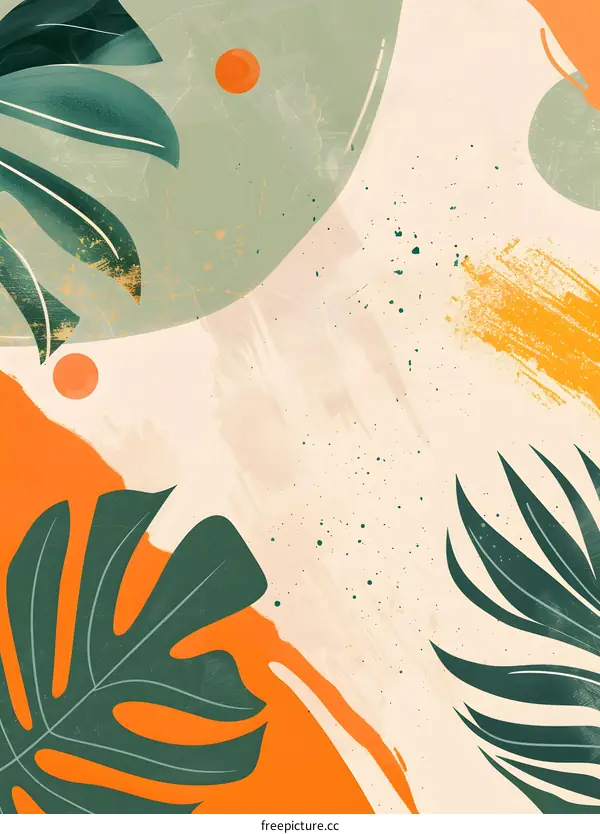 Abstract Green Leaf Background with Orange and Yellow Paint Splashes