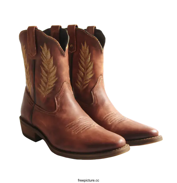 [Transparent Background PNG]Pair of Brown Leather Cowboy Boots with Golden Embroidered Design