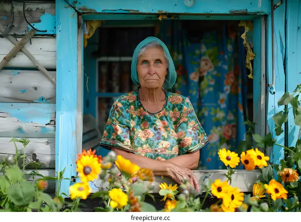 portrait of an old woman in a headscarf looking out the window