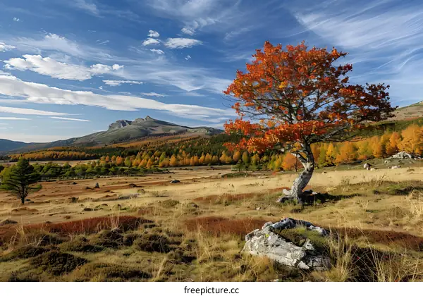 Autumn Landscape With Single Tree And Mountains