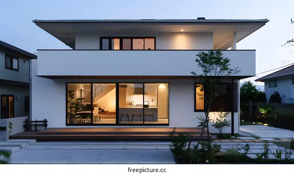 Modern Japanese House with Large Windows and Wooden Deck