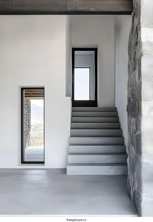 Modern Minimalist Interior Design With White Walls And Concrete Stairs