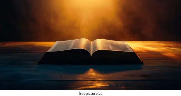 Open Bible on a Wooden Table with a Glowing Light