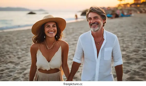 Happy Couple Walking Hand in Hand on the Beach at Sunset