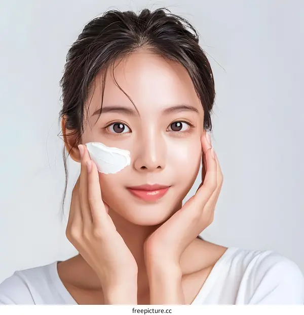 Asian Woman Applying Face Mask  Beauty Skincare Routine