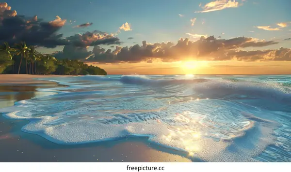 Picturesque Tropical Beach at Sunset with Coconut Palms