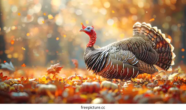 A majestic turkey stands in a field of fallen leaves.