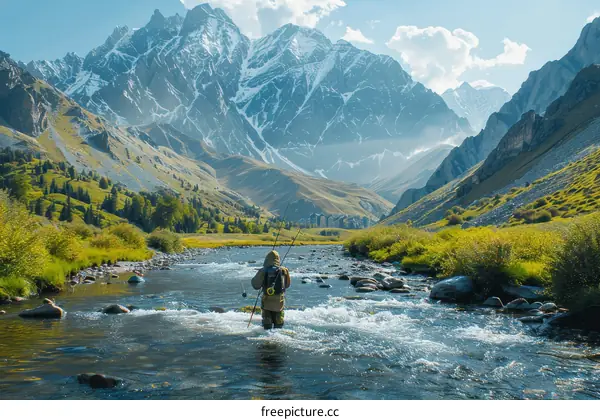 Fly Fishing in Mountain River Landscape with Mountains in Background