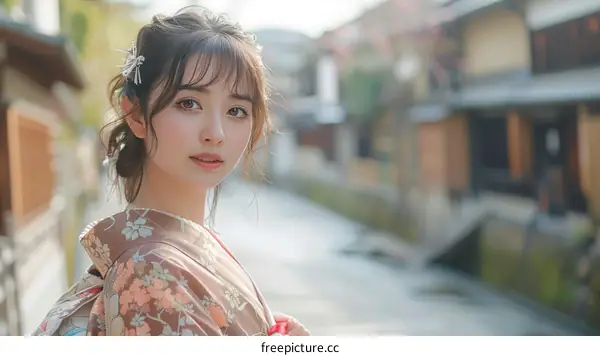 Japanese Woman in Traditional Kimono in a Japanese Town