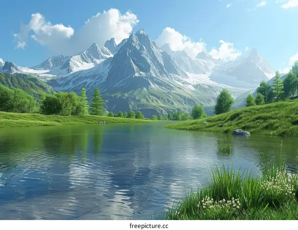 Lake and Mountains in Green Fields