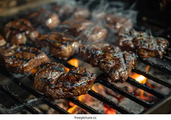 Beef tenderloin steaks cooking on a flaming grill