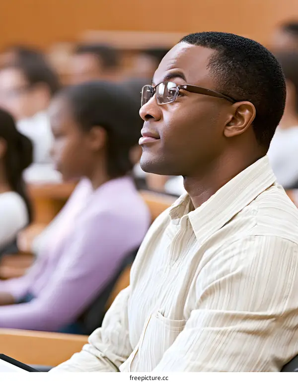 African American Man Listening Attentively in a Lecture Hall
