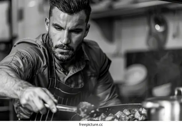 Focused male chef cooking in a commercial kitchen