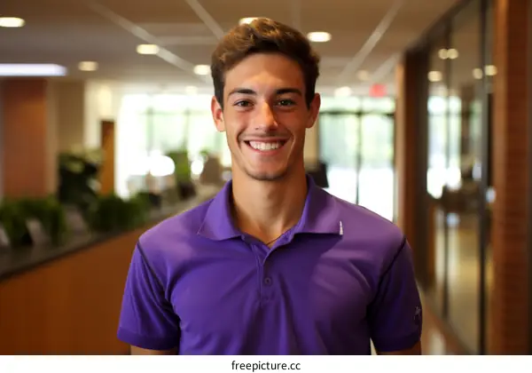 Portrait of a smiling young man in a purple shirt