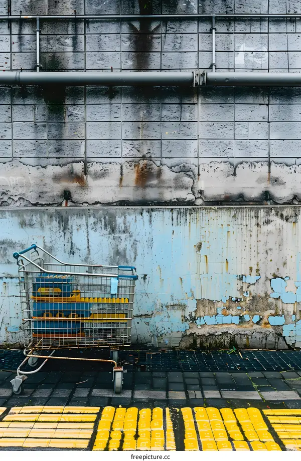 Abandoned Shopping Cart Against a Weathered Wall