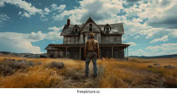 Cowboy standing in front of an abandoned house
