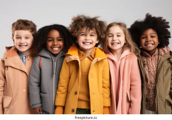 Portrait of a happy group of diverse children wearing colorful winter coats