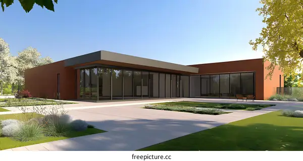 Modern Brick House with Large Glass Windows and Landscaping