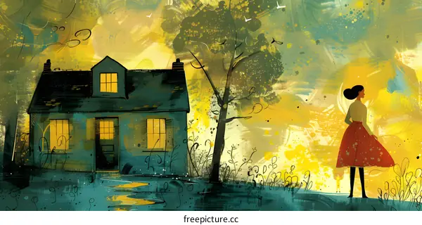 Illustration of a woman standing in front of a house