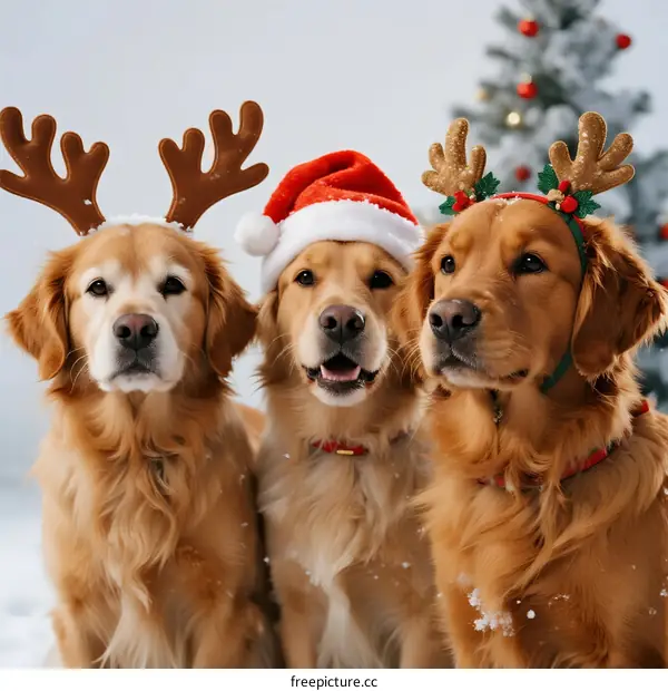 Three golden retrievers wearing reindeer antlers and Santa hat for Christmas