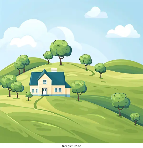 Cartoon Illustration of a Green Hill With a House