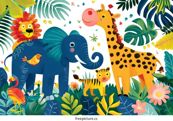 Colorful Illustration of Jungle Animals