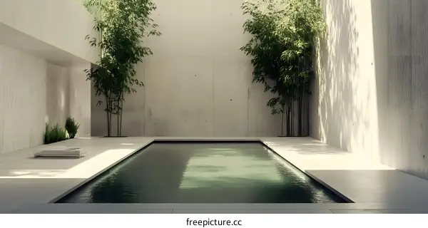Minimalist Swimming Pool Design With Concrete Walls And Bamboo Plants