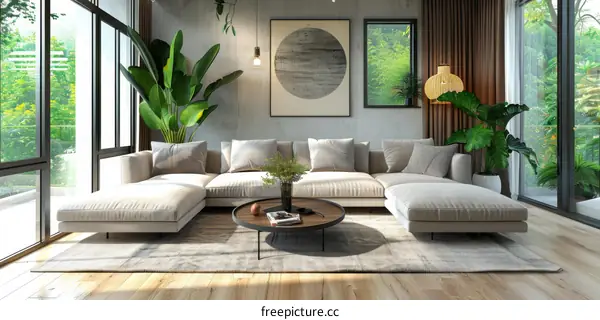 Modern living room interior design with tropical plants