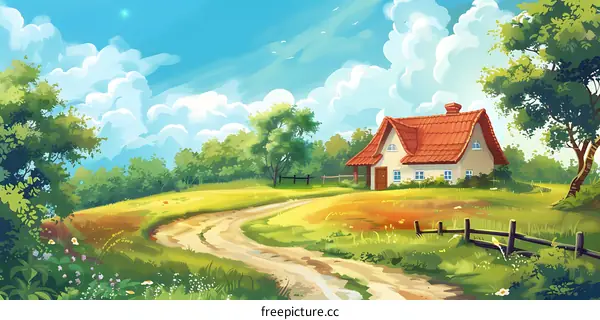 Summer Landscape with Farmhouse and Winding Path