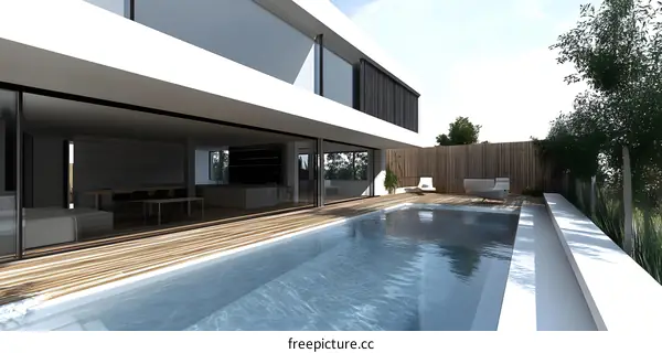 Modern Minimalist Home with Swimming Pool and Wooden Deck