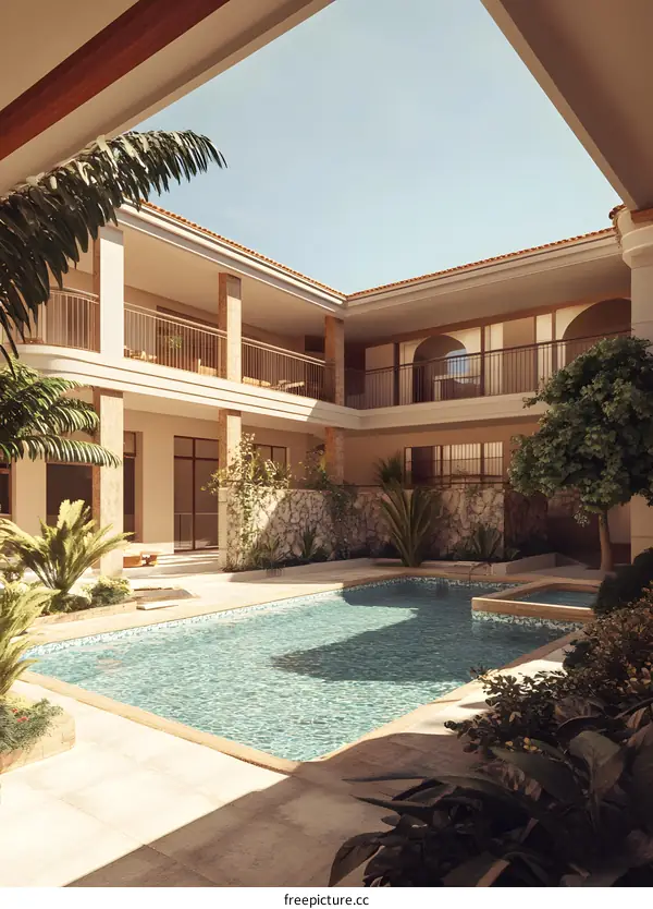 Luxury Patio with Swimming Pool and Lush Greenery