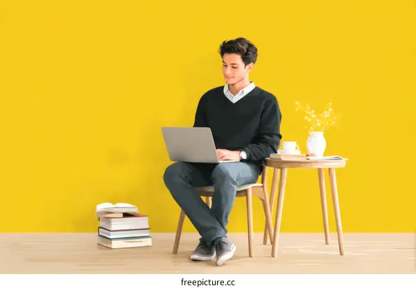 Young Man Working on Laptop in a Modern Interior