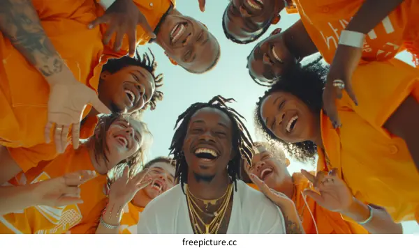 A group of diverse young people huddle together and smile down at the camera