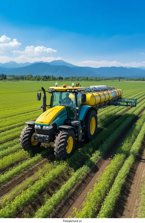 Tractor spraying pesticides on a green field with mountains in the background