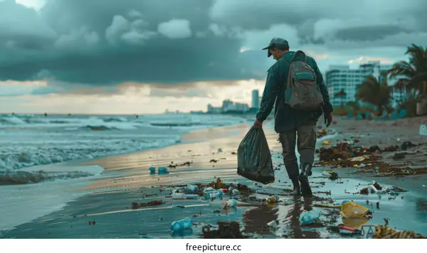 Man捡起海滩上的垃圾以保护环境