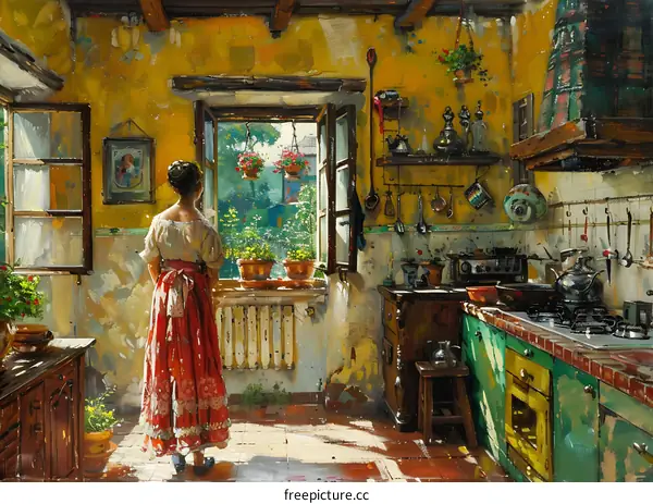 A woman standing in a kitchen looking out the window