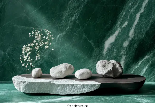 Elegant Arrangement of Stones and Flowers on a Marble Background