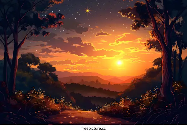 anime style sunset in the mountains