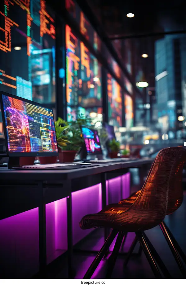 futuristic empty office interior with neon lights and screens