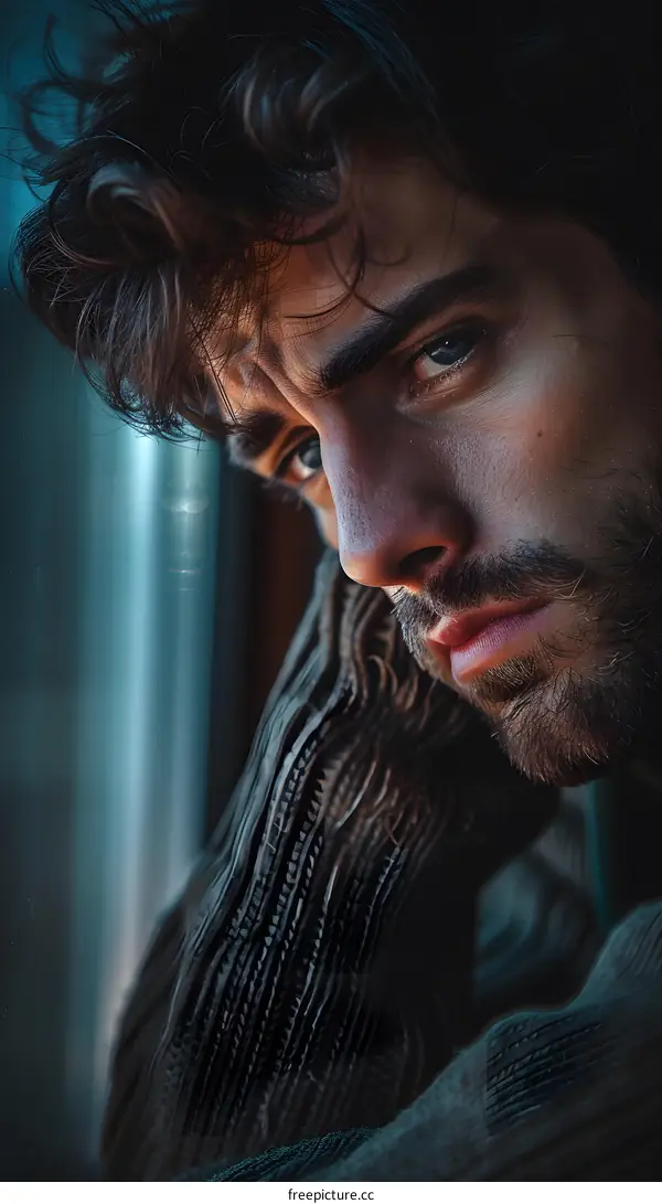 Portrait of a handsome young man with dark hair and blue eyes