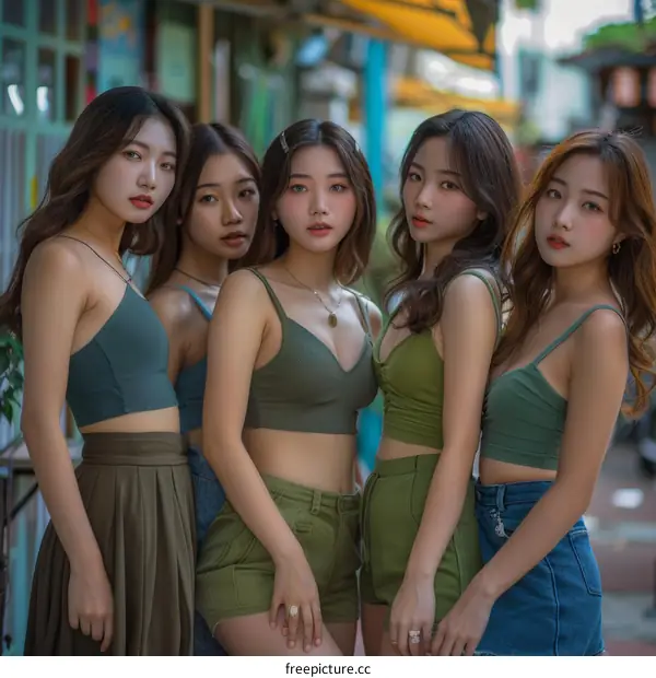 Five Asian friends in green outfits posing together