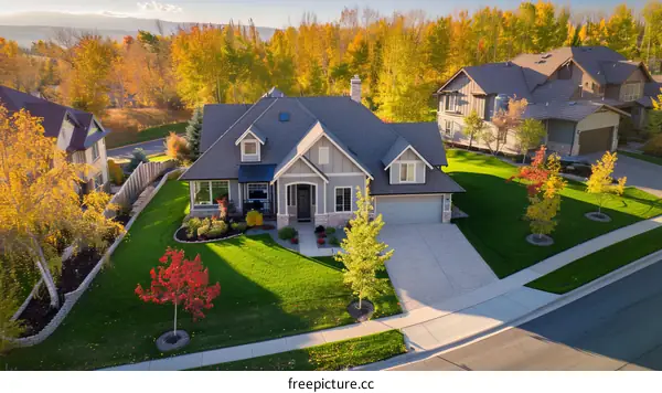 An aerial view of a house in the suburbs during autumn