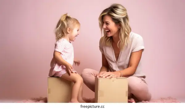 laughing blonde mother and daughter sitting on cardboard boxes