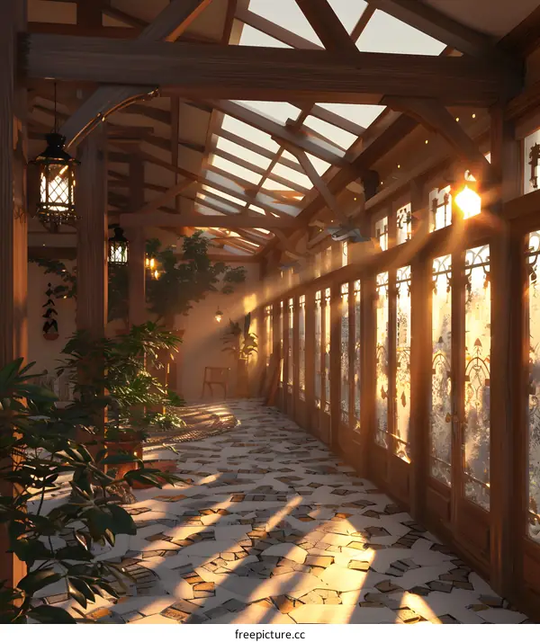 Sunbeams Through Glass Doors in a Greenhouse