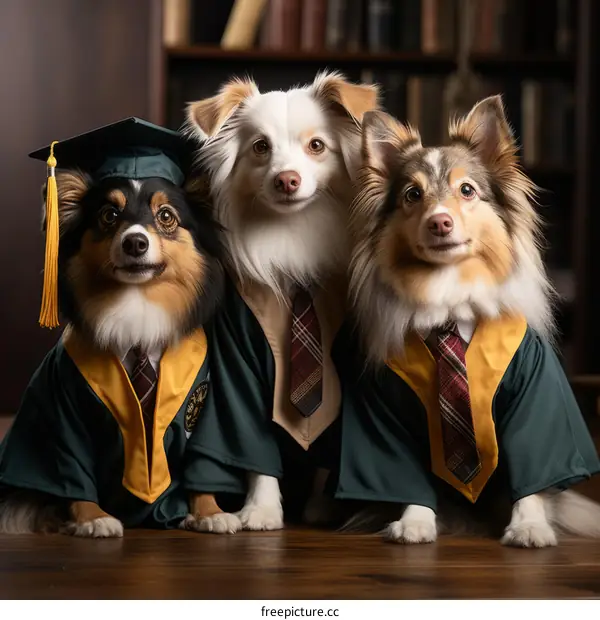 Three dogs in graduation caps and gowns