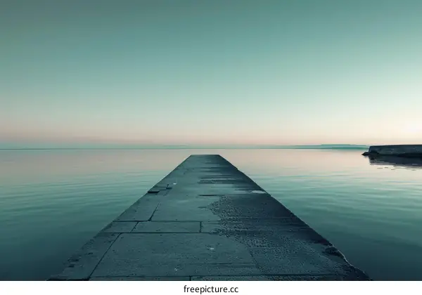 A concrete dock jutting out into a calm lake at sunrise