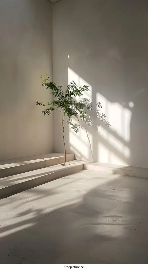 Minimalist Interior Design With Sunlight And Small Tree